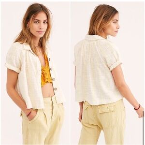 FREE PEOPLE Top Linen Woven Away at Sea Stripe Top Small S boxy Knit
